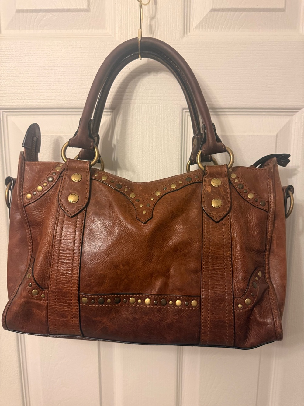 Frye Melissa Satchel Brown Studded Leather Crossbody Handbag Distressed